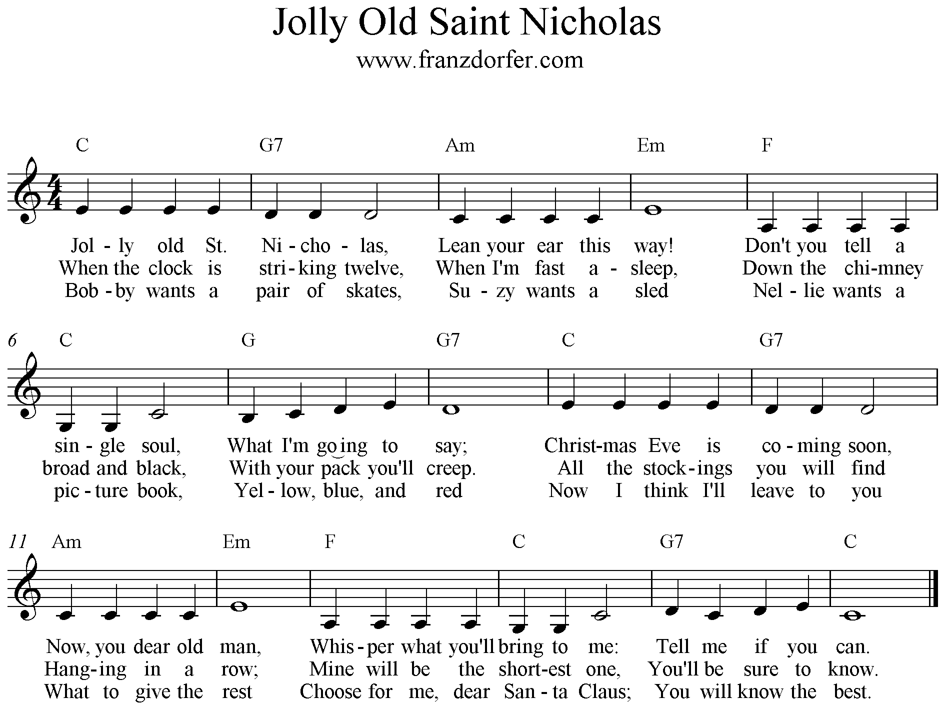 sheetmusic, Jolly Old Saint Nicholas, C-Major low